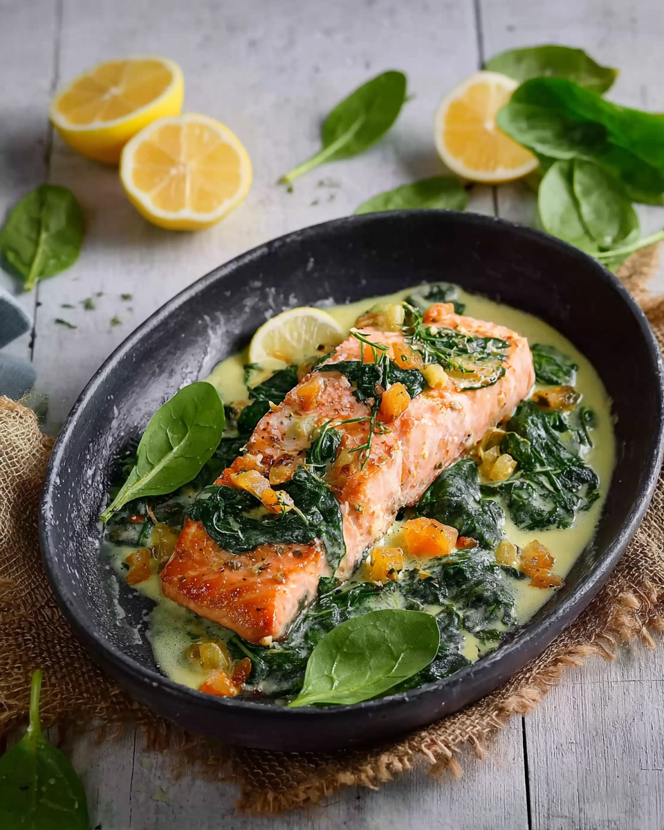 Saftiger Ofenlachs mit Spinat und Zitronen-Sahne-Sauce