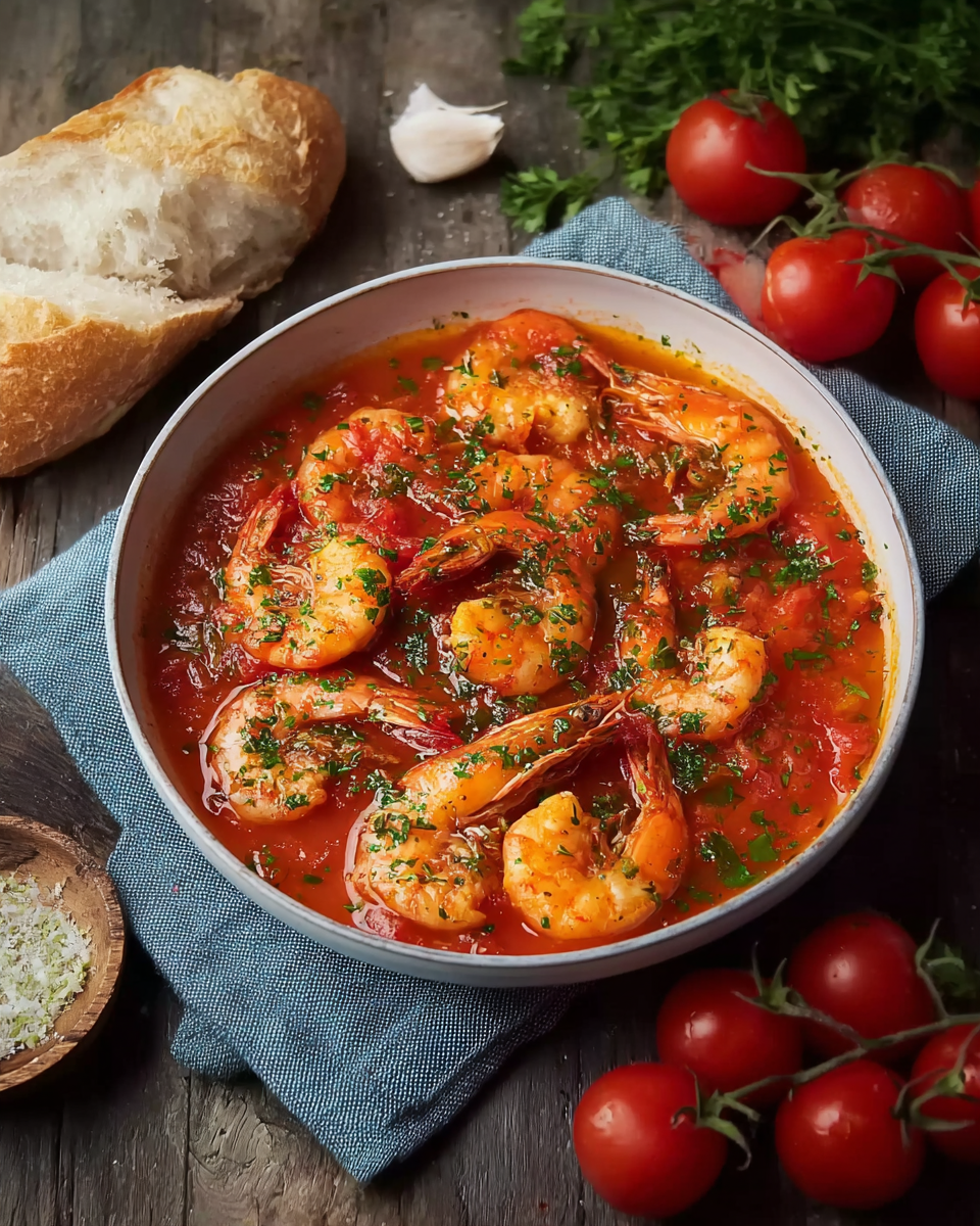 Gebratene Garnelen in pikanter Tomatensauce