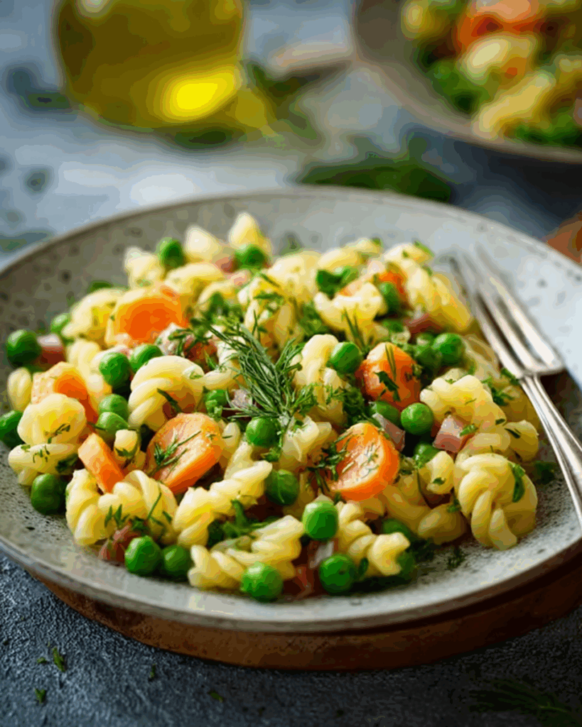 Klassischer Deutscher Nudelsalat mit Erbsen und Möhren