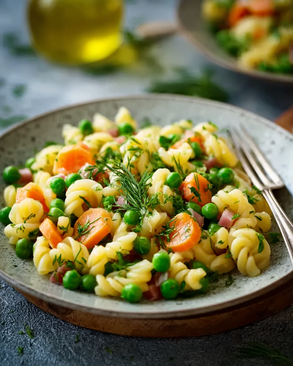 Klassischer Deutscher Nudelsalat mit Erbsen und Möhren