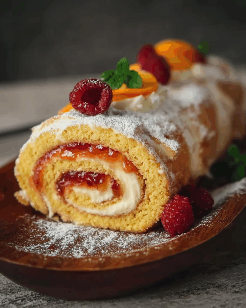 Biskuitrolle mit Himbeermarmelade