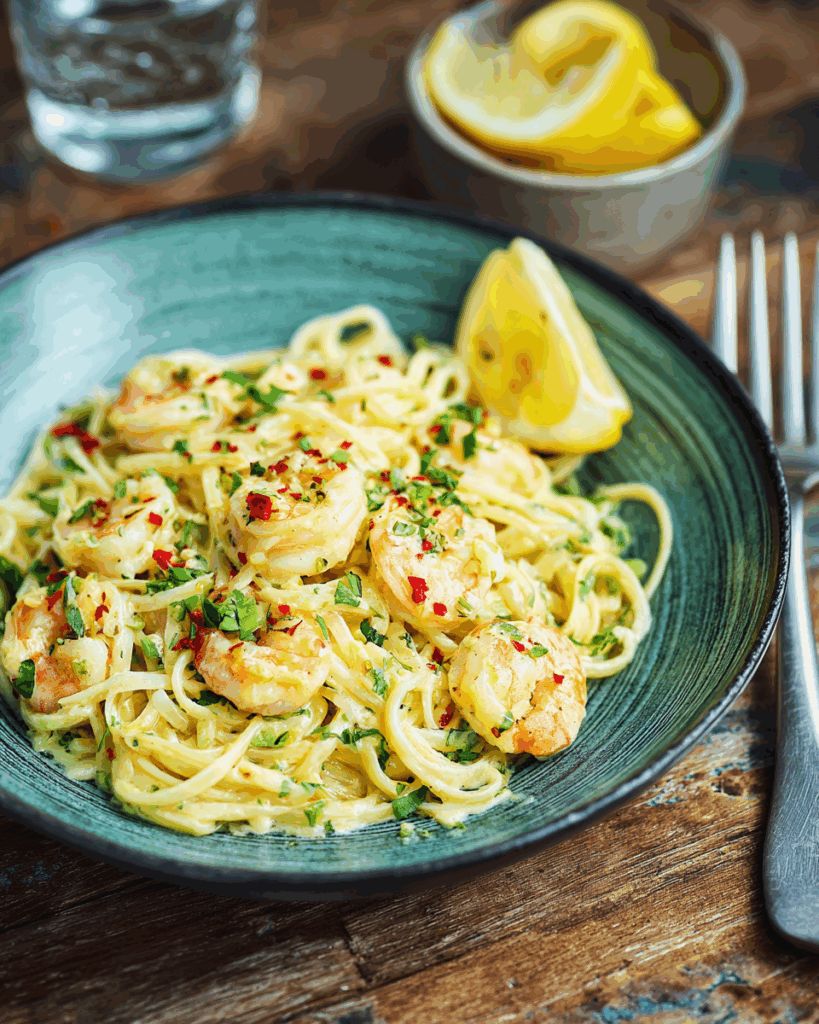 Pasta mit Garnelen in cremiger Knoblauch-Sahnesoße
