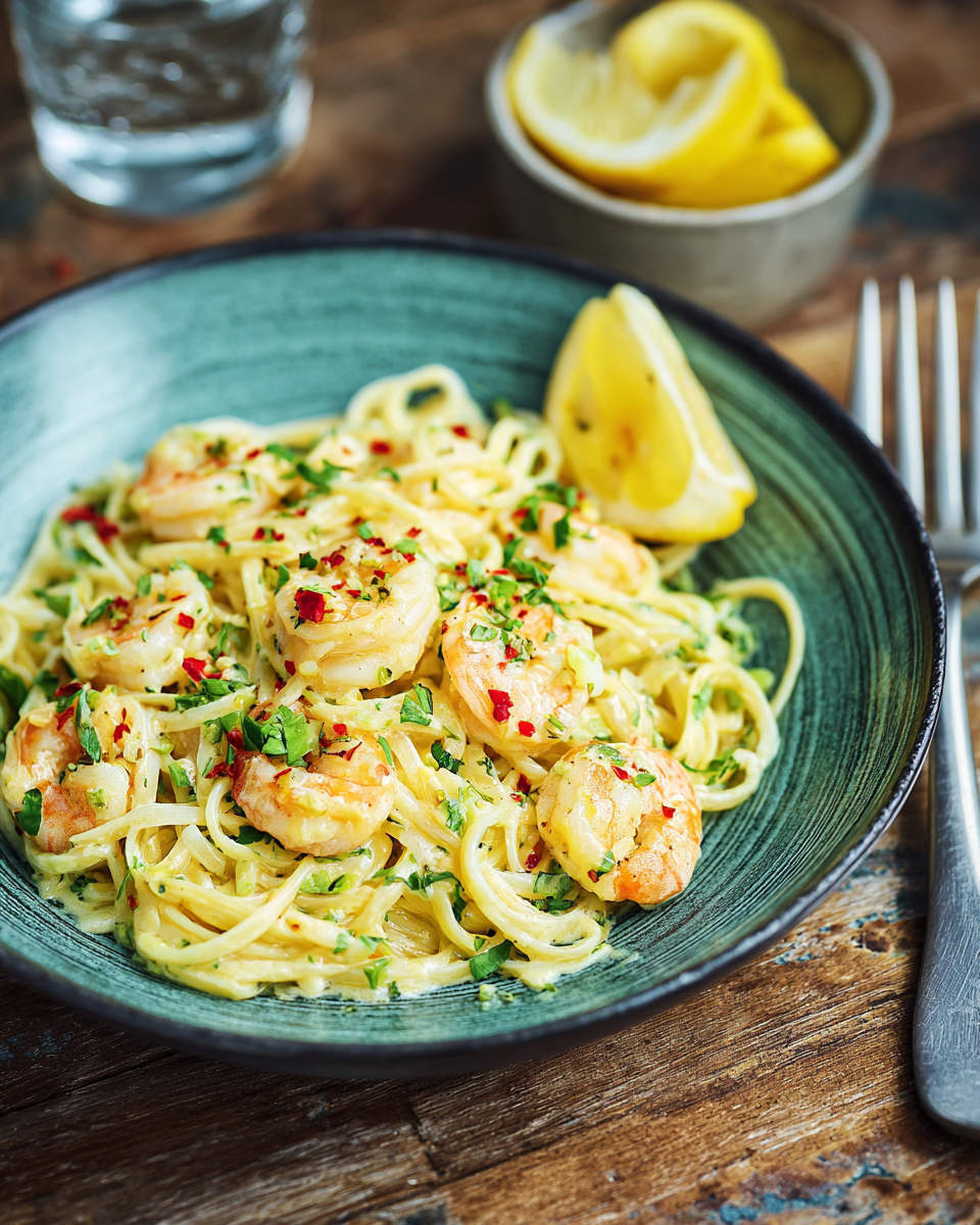 Pasta mit Garnelen in cremiger Knoblauch-Sahnesoße