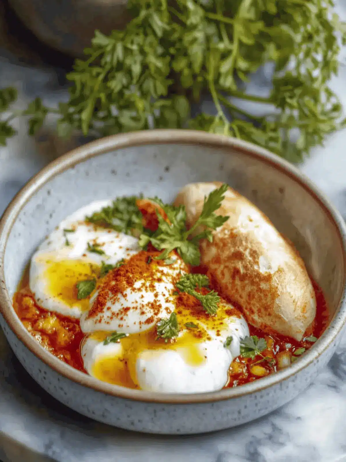 Pochierte Eier mit knoblauchigem Joghurt für Frühstücksglück 2 pochierte Eier mit knoblauchigem Joghurt