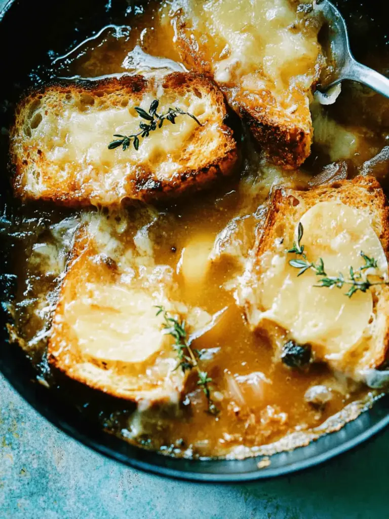 Überbackene französische Hühnersuppe mit Zwiebeln Rezept