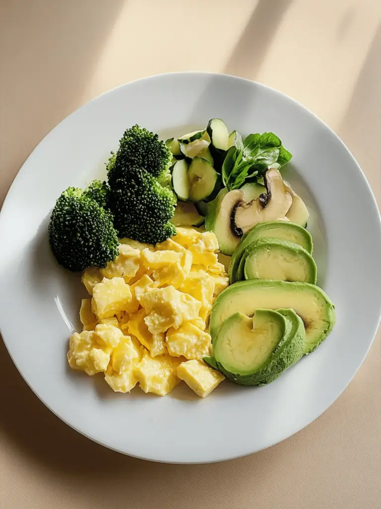 Rühreier mit Brokkoli, Pilzen und Avocado