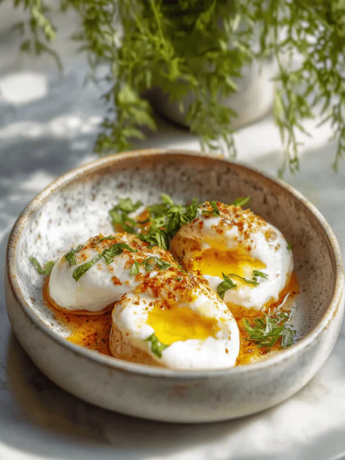 Pochierte Eier mit knoblauchigem Joghurt für Frühstücksglück 4 pochierte Eier mit knoblauchigem Joghurt