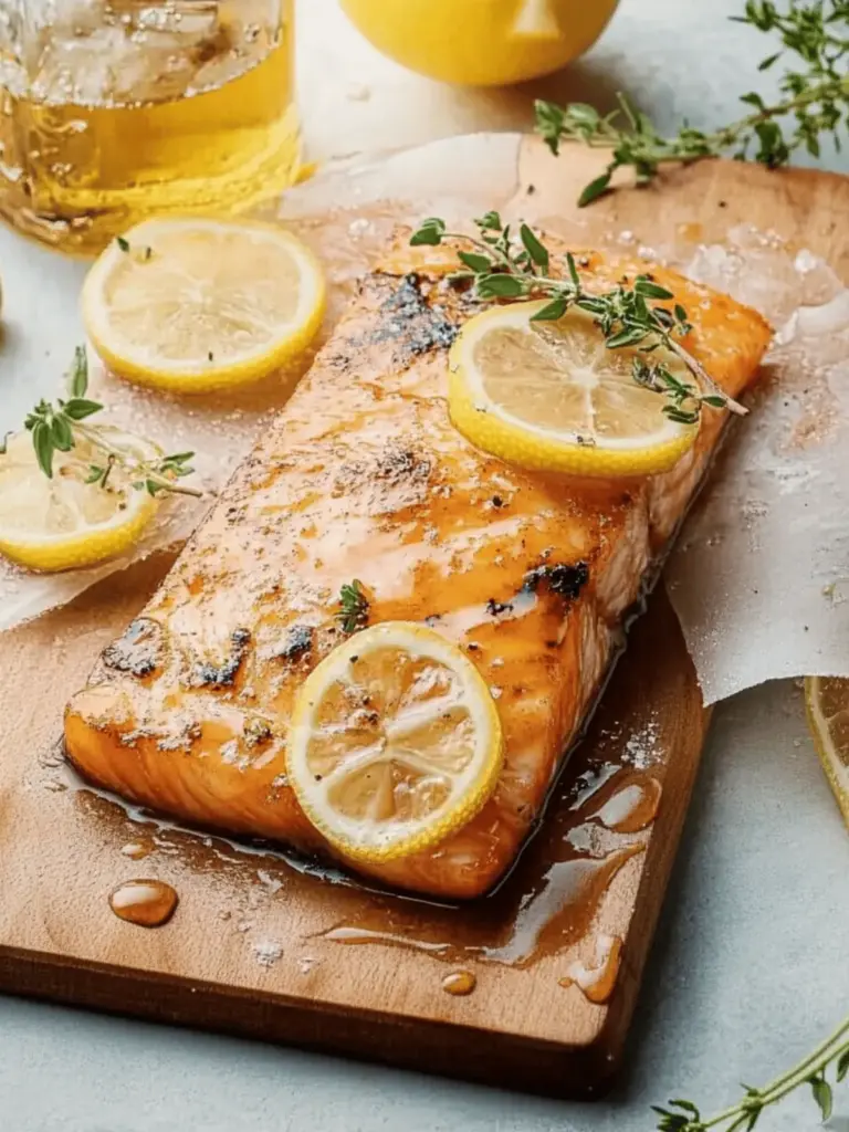 Zedernholzbelag Lachs mit Ahorn-Senf-Glasur