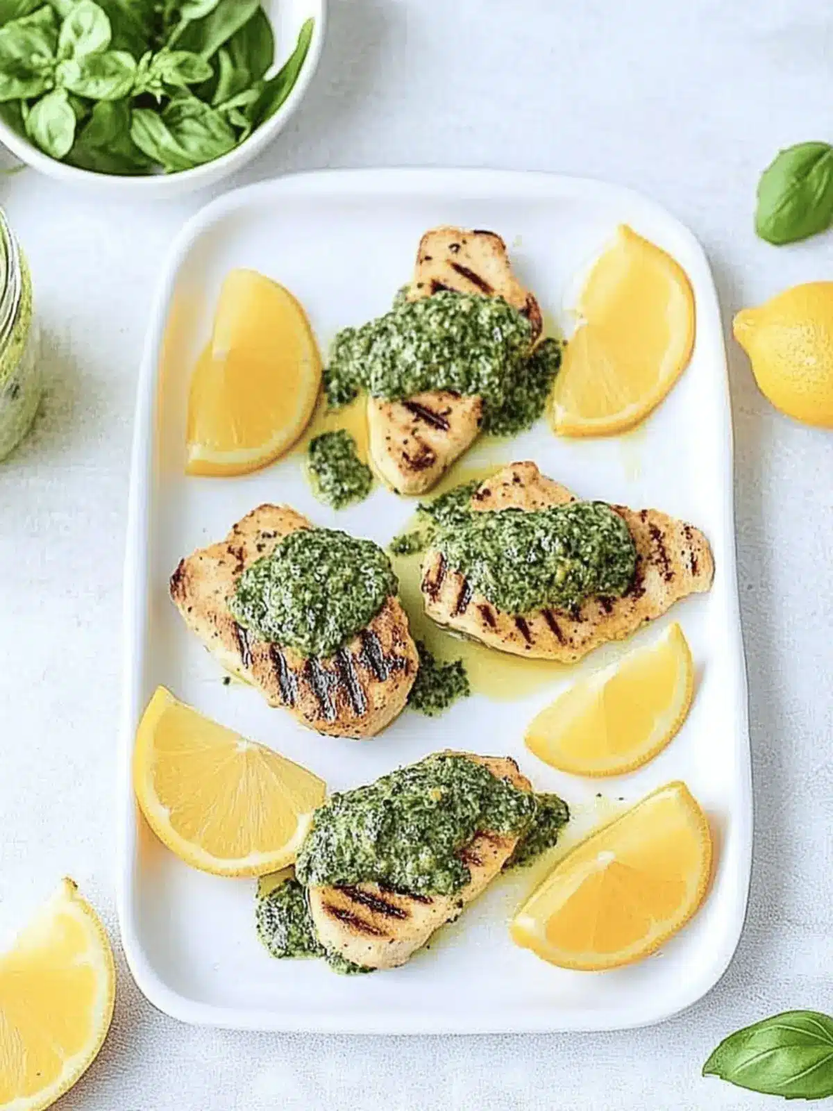 Gegrilltes Zitrus-Hühnchen mit Basilikum-Chimichurri 4 Gegrilltes Zitrus-Hühnchen mit würzigem Basilikum-Chimichurri