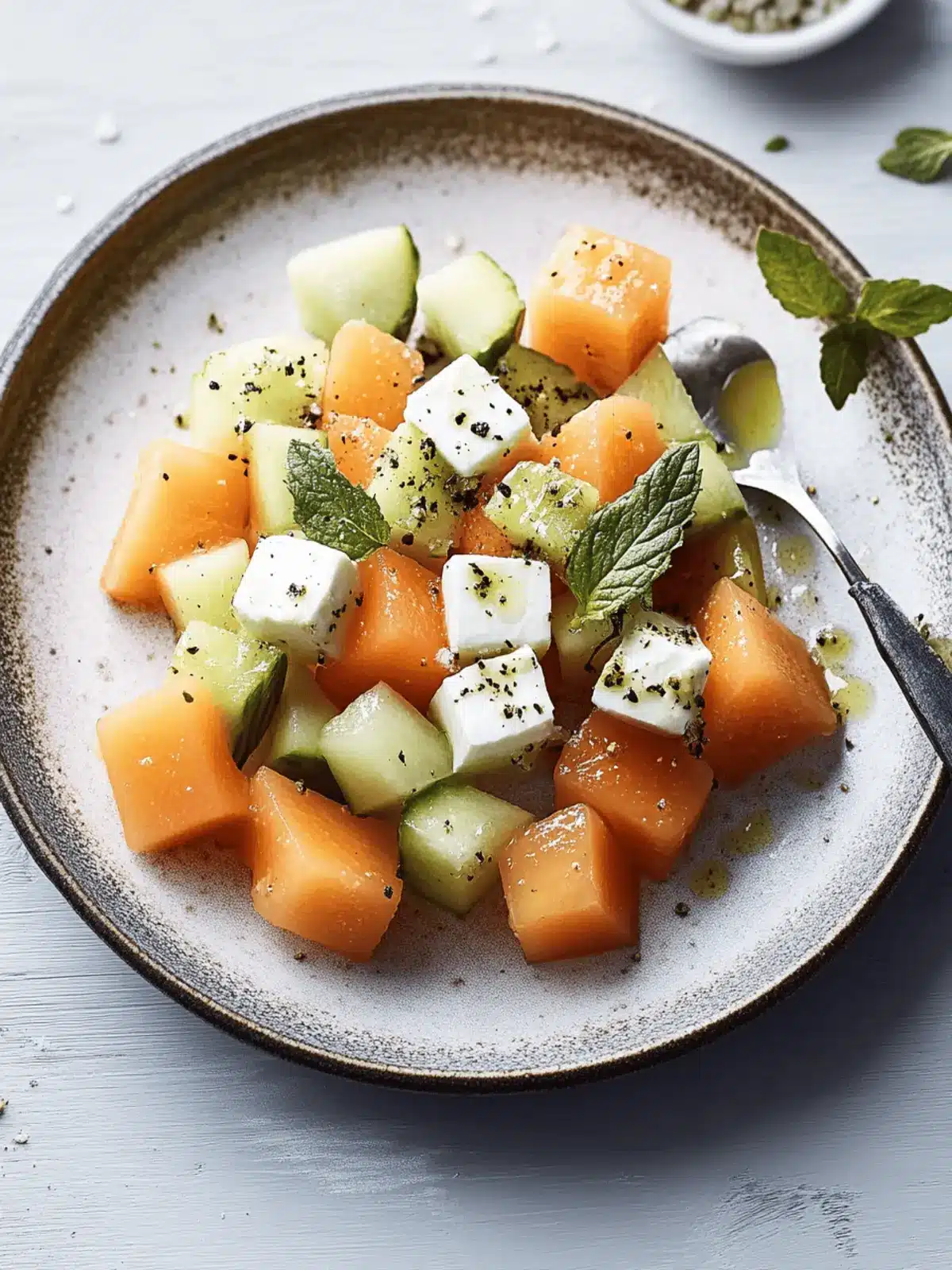 Erfrischender Cantaloupe Gurkensalat mit Basilikum Feta 3 Cantaloupe Gurkensalat mit einem Basilikum Feta Twist