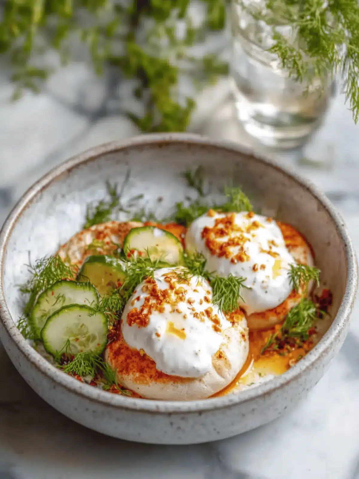 Pochierte Eier mit knoblauchigem Joghurt für Frühstücksglück 3 pochierte Eier mit knoblauchigem Joghurt