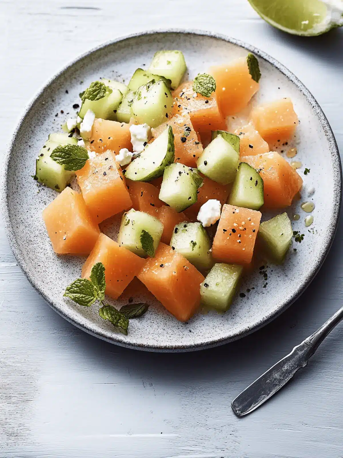 Erfrischender Cantaloupe Gurkensalat mit Basilikum Feta 2 Cantaloupe Gurkensalat mit einem Basilikum Feta Twist