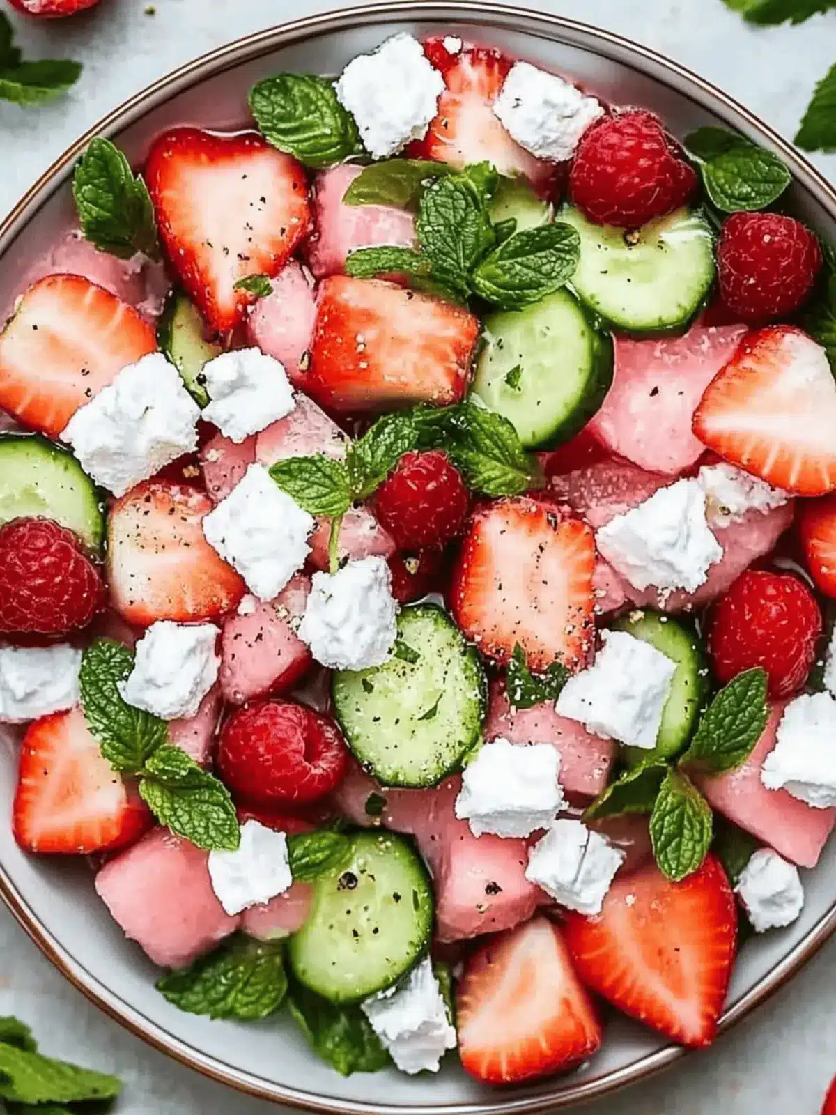 Wassermelonen-Gurken-Salat mit Erdbeeren und Feta genießen 4 Wassermelonen-Gurken-Salat mit Erdbeeren und Feta
