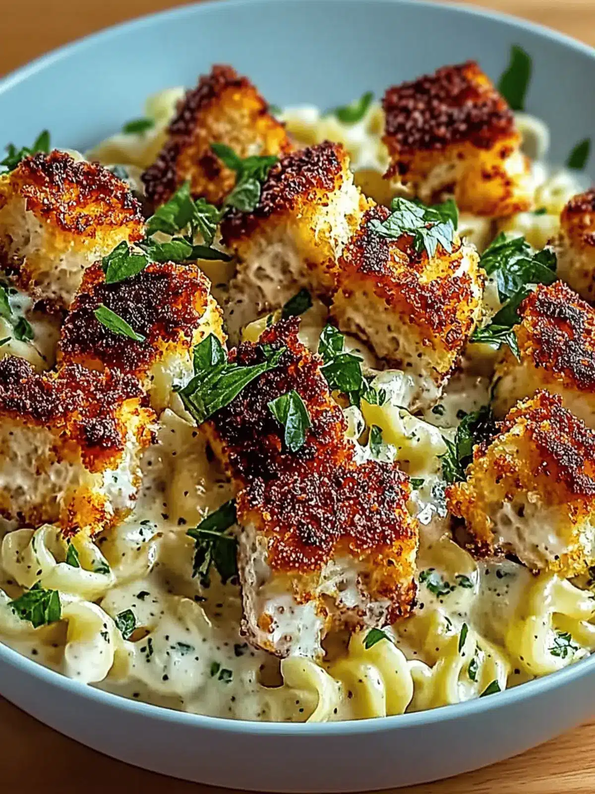 Goldene Knoblauchhühnchenbissen über cremiger Parmesanpasta 2 Goldene Knoblauchhühnchenbissen über cremiger Parmesanpasta
