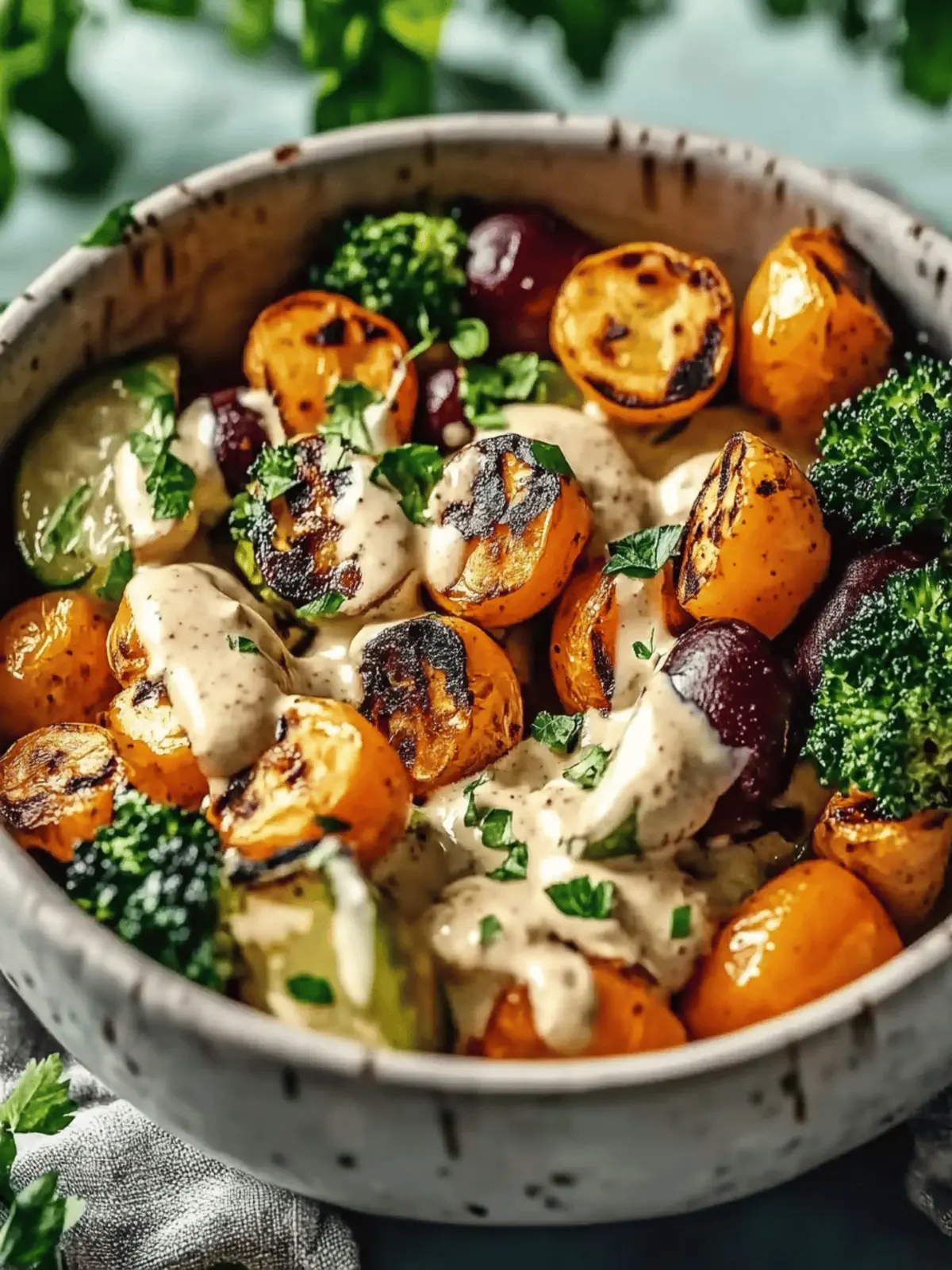 Geröstete Gemüse- und Kichererbsenschalen mit Dressing 3 Geröstete Gemüse- und Kichererbsenschalen mit Ahorn-Dijon-Tahini-Dressing