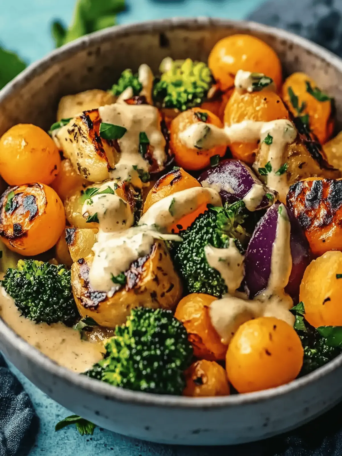 Geröstete Gemüse- und Kichererbsenschalen mit Dressing 4 Geröstete Gemüse- und Kichererbsenschalen mit Ahorn-Dijon-Tahini-Dressing