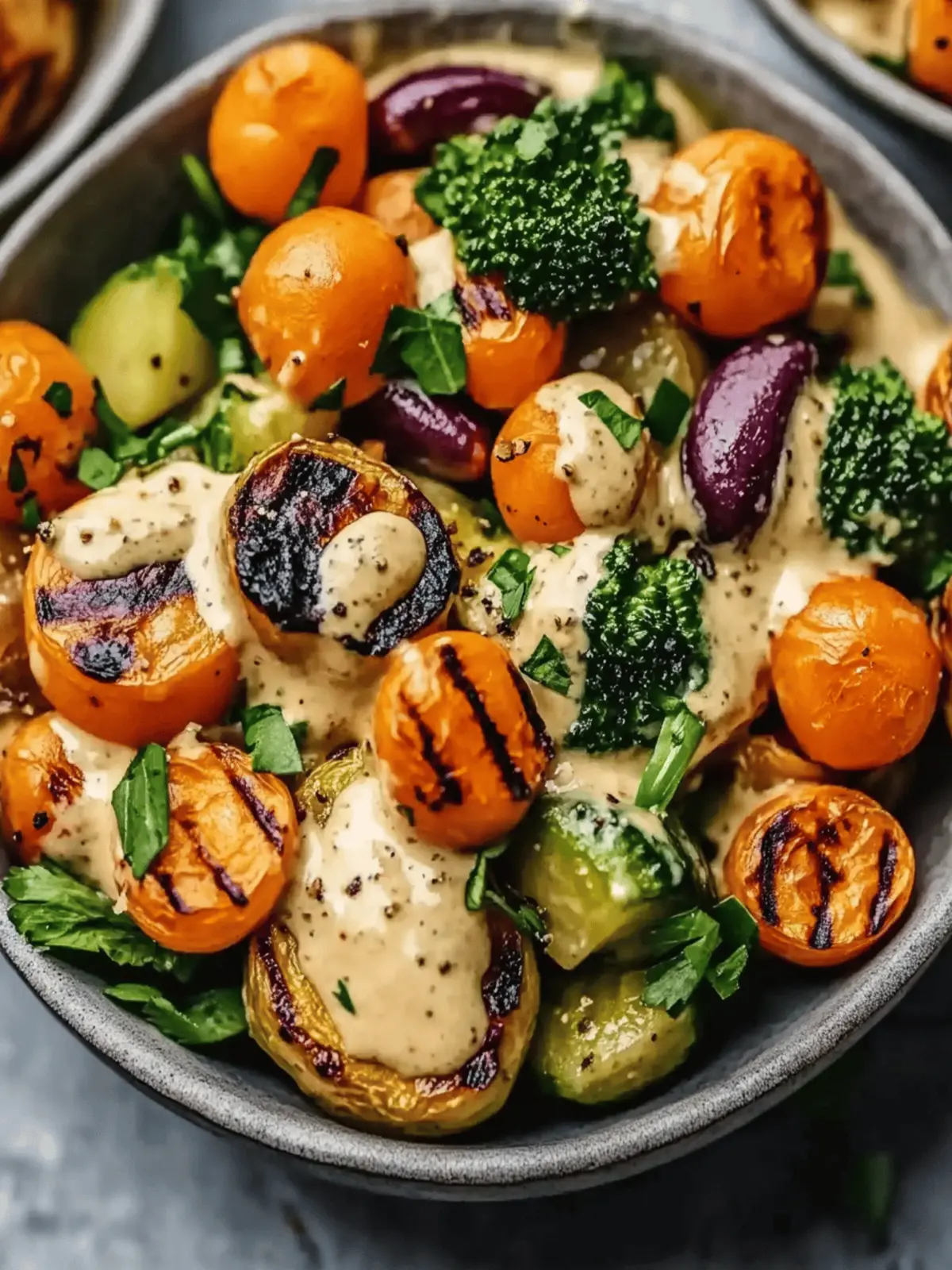 Geröstete Gemüse- und Kichererbsenschalen mit Dressing 2 Geröstete Gemüse- und Kichererbsenschalen mit Ahorn-Dijon-Tahini-Dressing