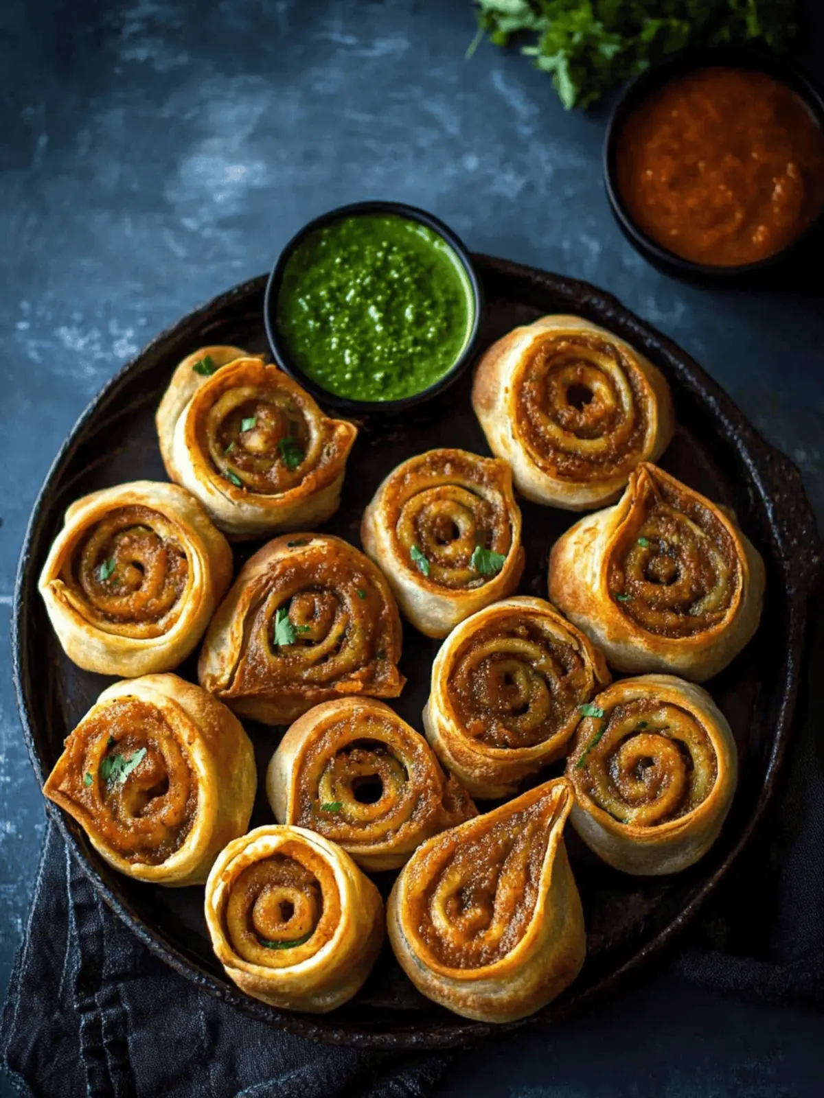 Dabeli/Samosa Pinwheels – Knusprige Snack-Idee 2 Dabeli/Samosa Pinwheels (gebacken/luftgebraten)