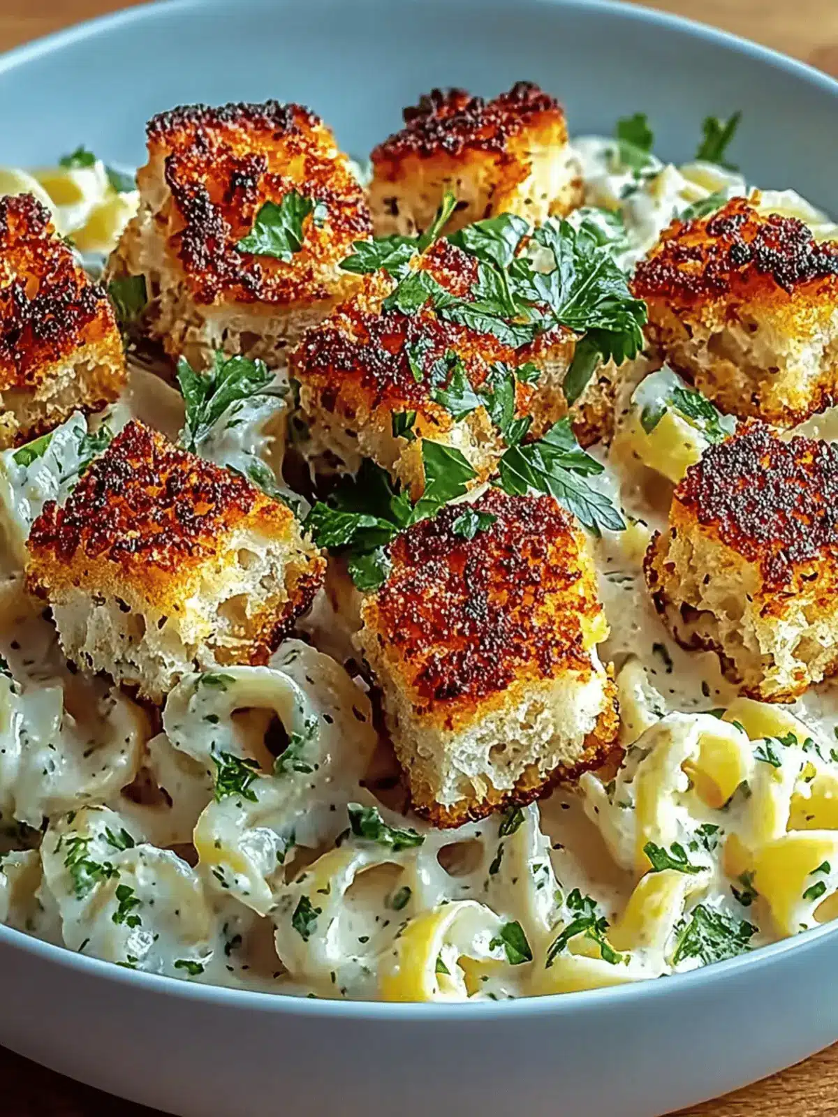 Goldene Knoblauchhühnchenbissen über cremiger Parmesanpasta 3 Goldene Knoblauchhühnchenbissen über cremiger Parmesanpasta