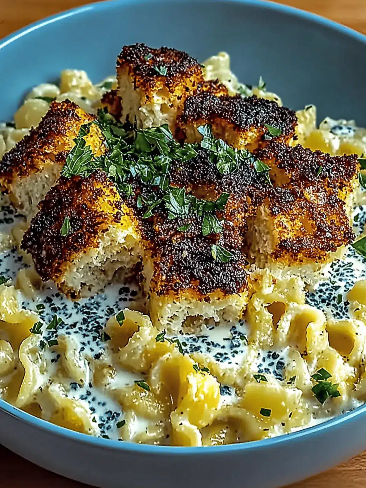 Goldene Knoblauchhühnchenbissen über cremiger Parmesanpasta 4 Goldene Knoblauchhühnchenbissen über cremiger Parmesanpasta