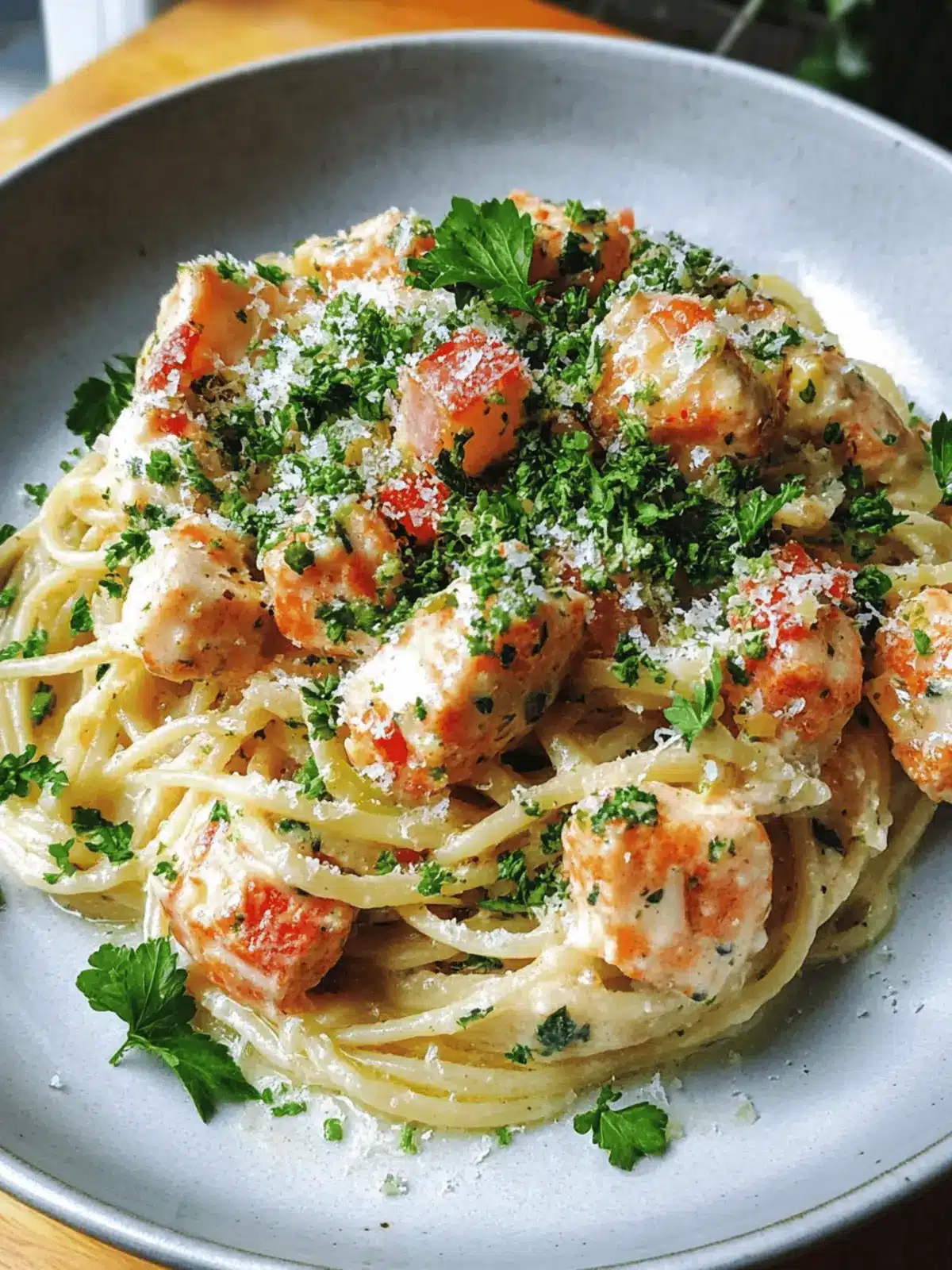 Hühnchen und Garnelen Carbonara in 25 Minuten 2 Hühnchen und Garnelen Carbonara