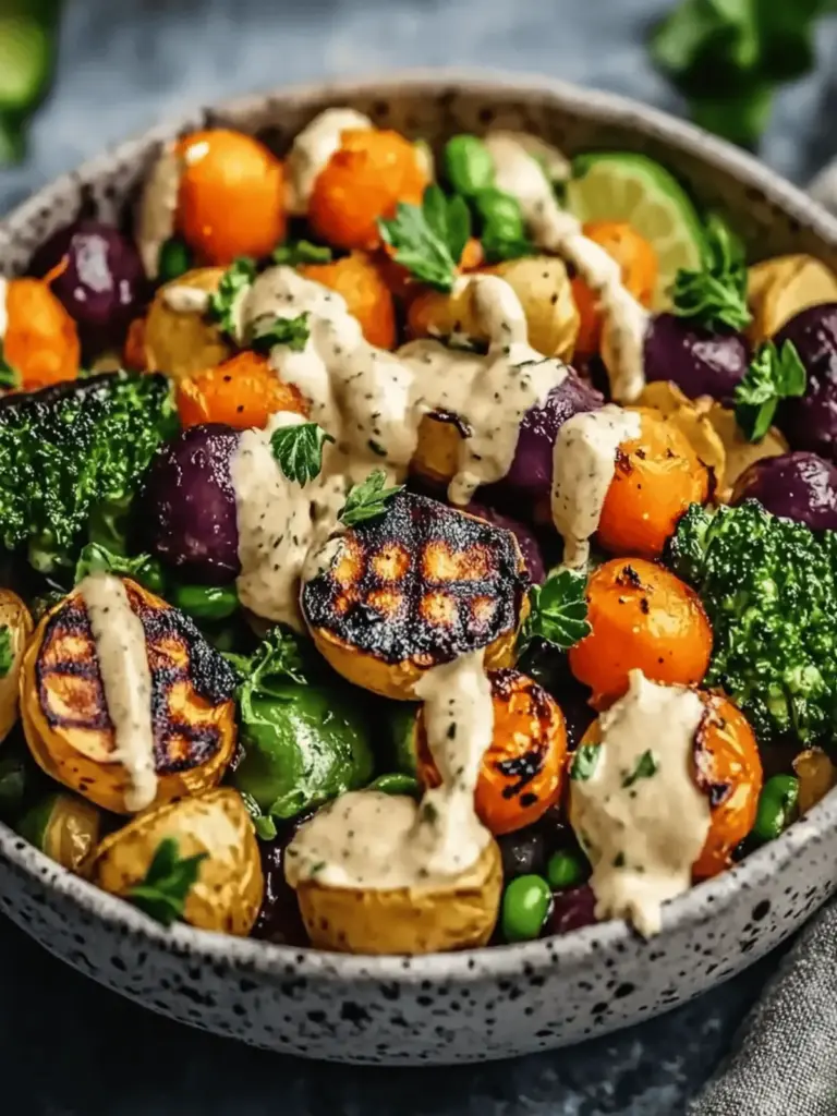 Geröstete Gemüse- und Kichererbsenschalen mit Ahorn-Dijon-Tahini-Dressing
