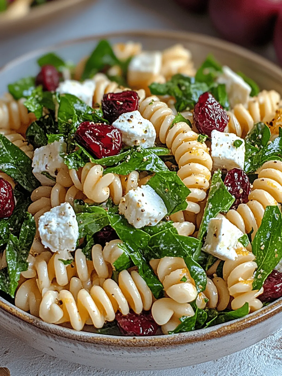 Spinat Nudelsalat mit Feta und Cranberries