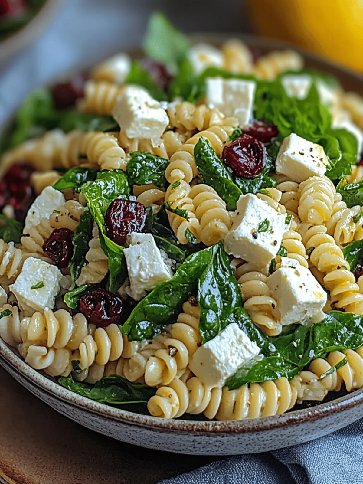 Spinat Nudelsalat mit Feta und Cranberries