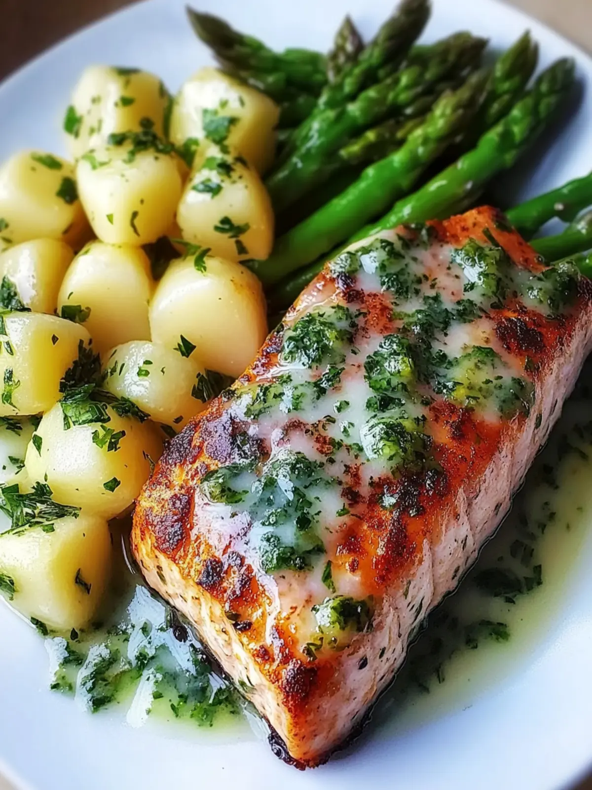 Gewürzter Lachs mit käsigem Spargel und Kartoffeln 3 Gewürzter Lachs mit käsigem Spargel und Knoblauch-Kräuter-Kartoffeln