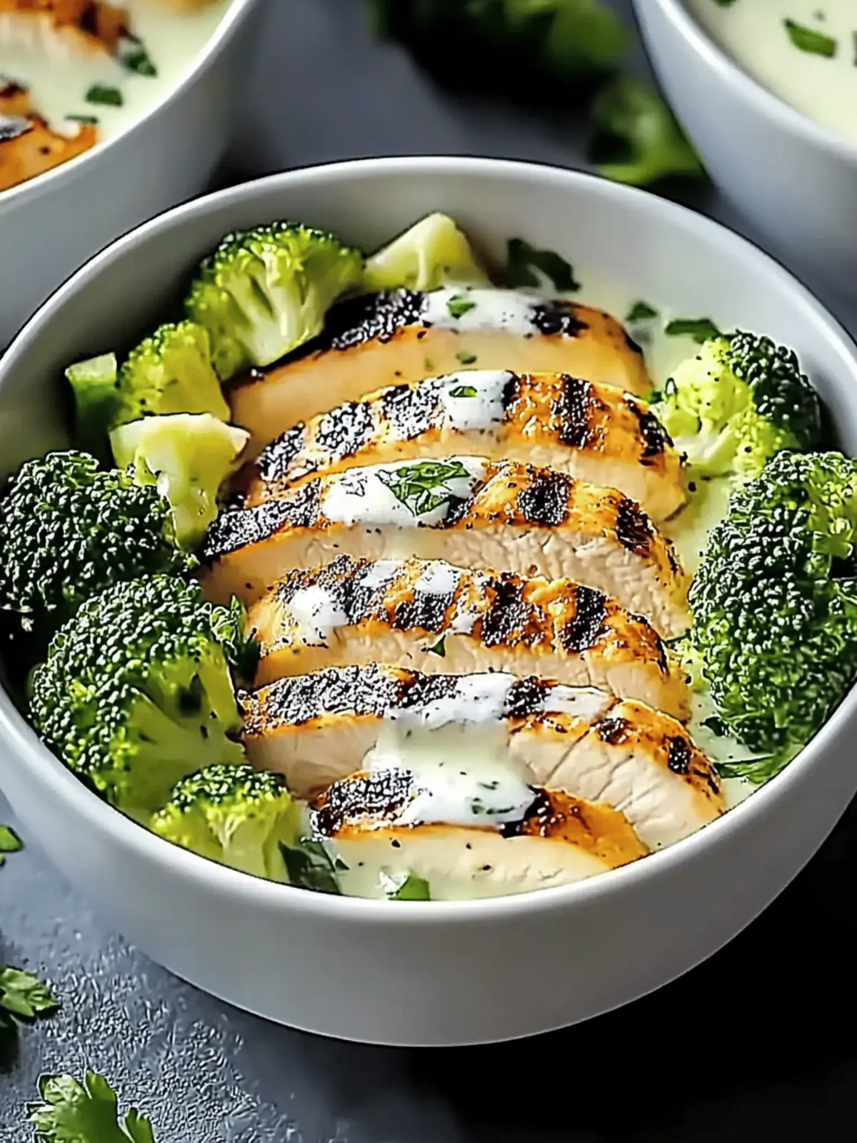 Gegrillte Hähnchen- und Brokkoli-Schalen mit Knoblauchsauce