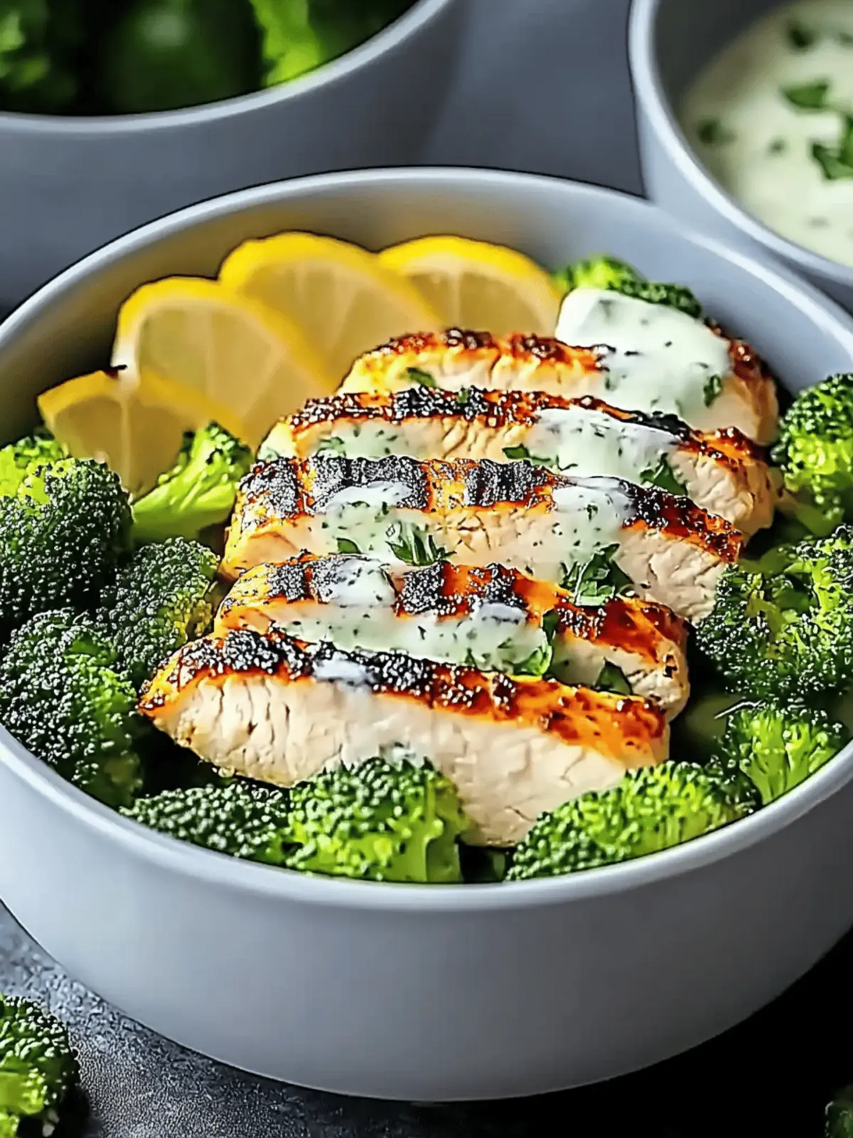 Gegrillte Hähnchen- und Brokkoli-Schalen mit Knoblauchsauce