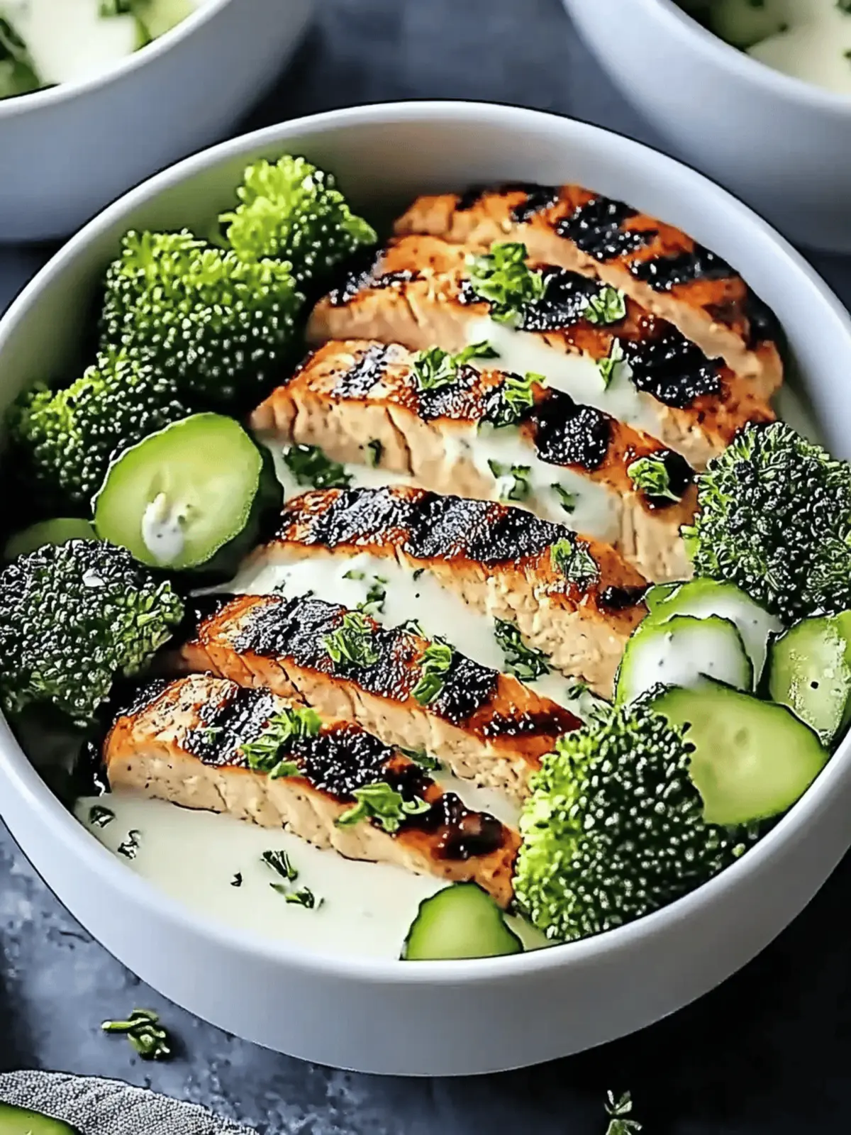 Gegrillte Hähnchen- und Brokkoli-Schalen mit Knoblauchsauce