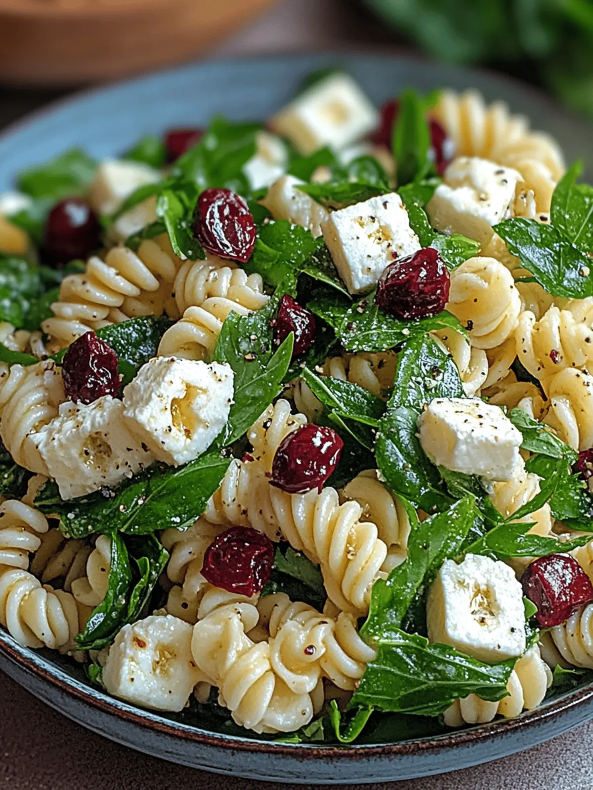Spinat Nudelsalat mit Feta und Cranberries