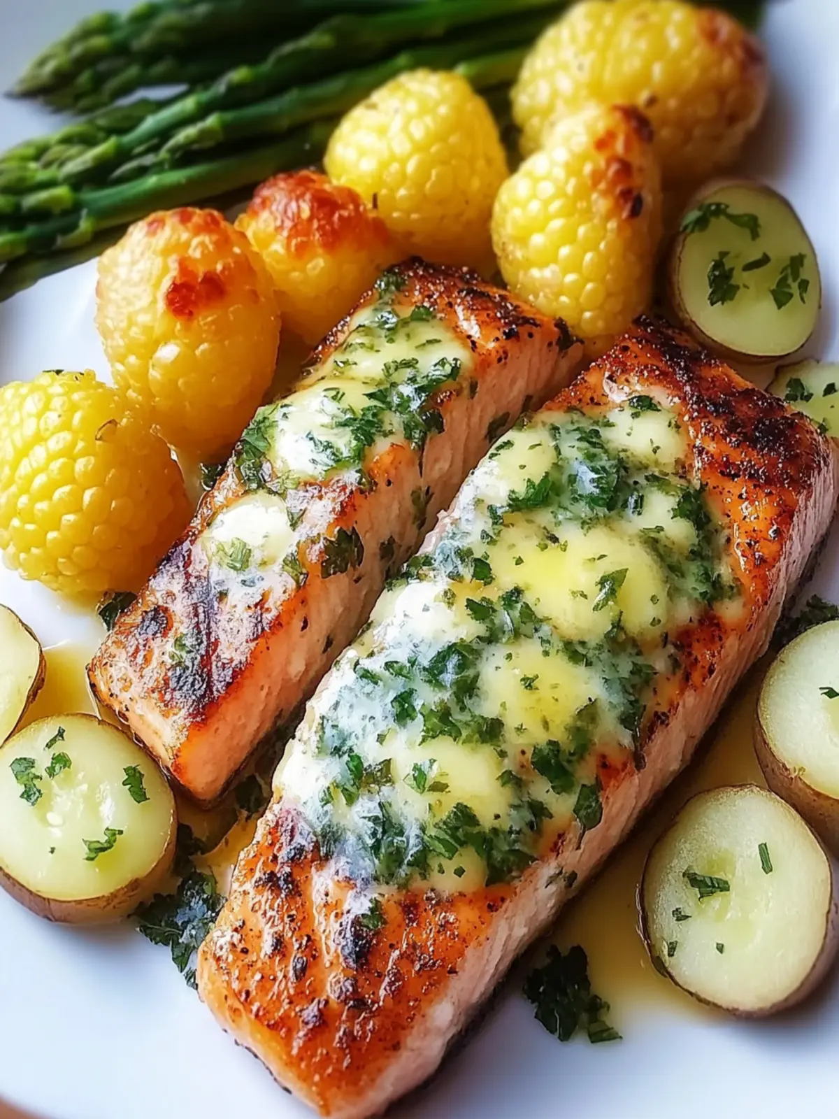 Gewürzter Lachs mit käsigem Spargel und Kartoffeln 4 Gewürzter Lachs mit käsigem Spargel und Knoblauch-Kräuter-Kartoffeln