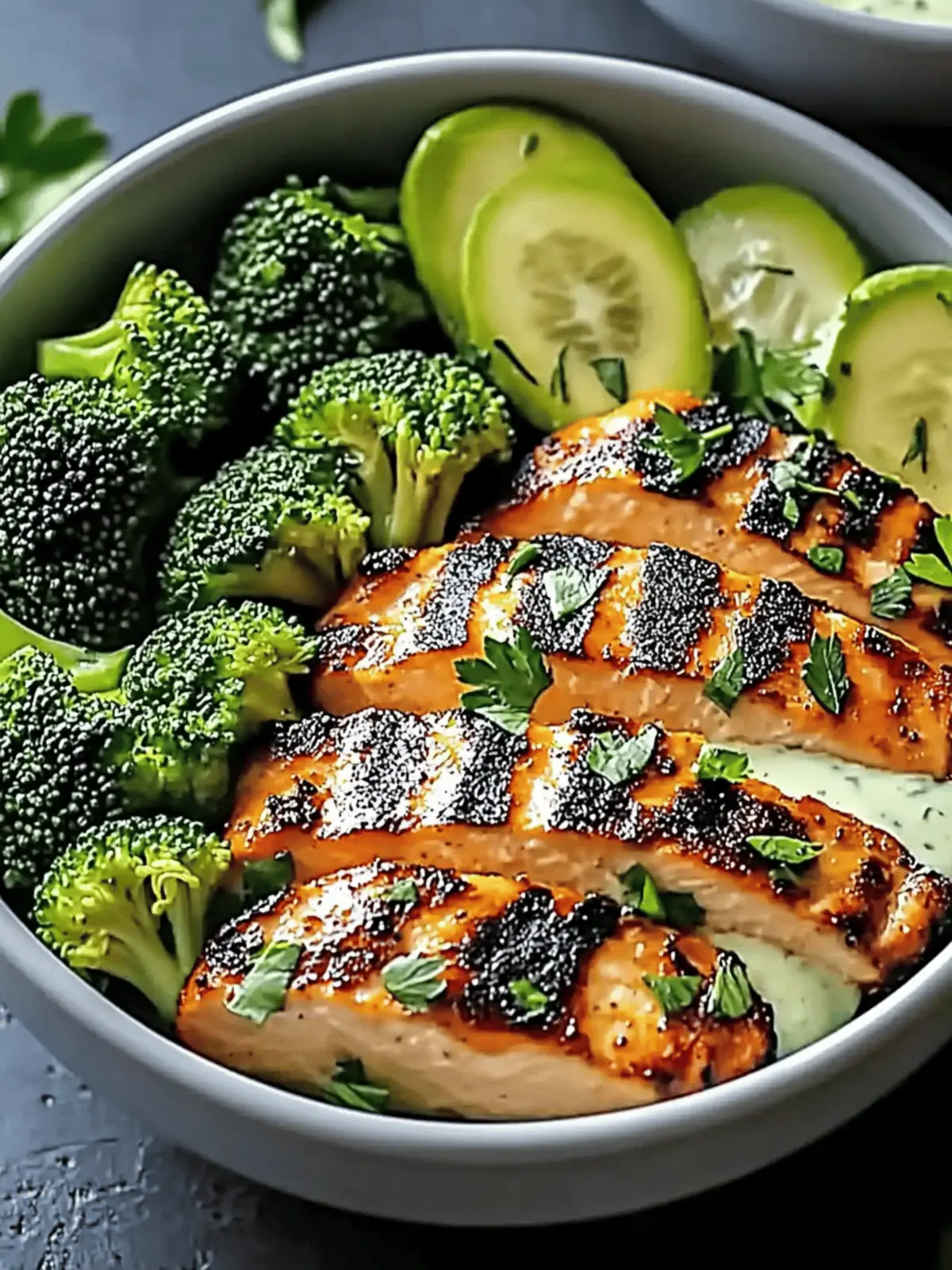 Gegrillte Hähnchen- und Brokkoli-Schalen mit Knoblauchsauce