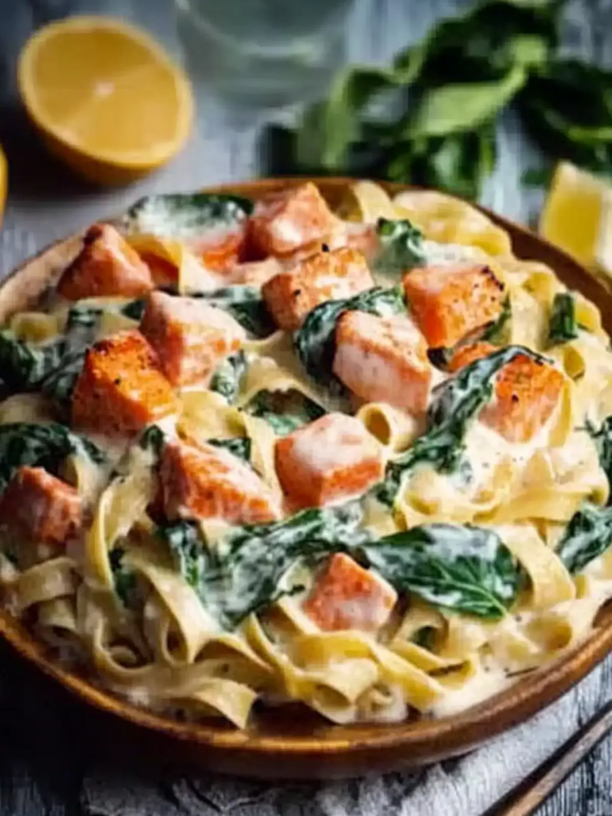 Bandnudeln in cremiger Lachs-Sahne-Soße mit Spinat 4 Bandnudeln in cremiger Lachs-Sahne-Soße mit Spinat