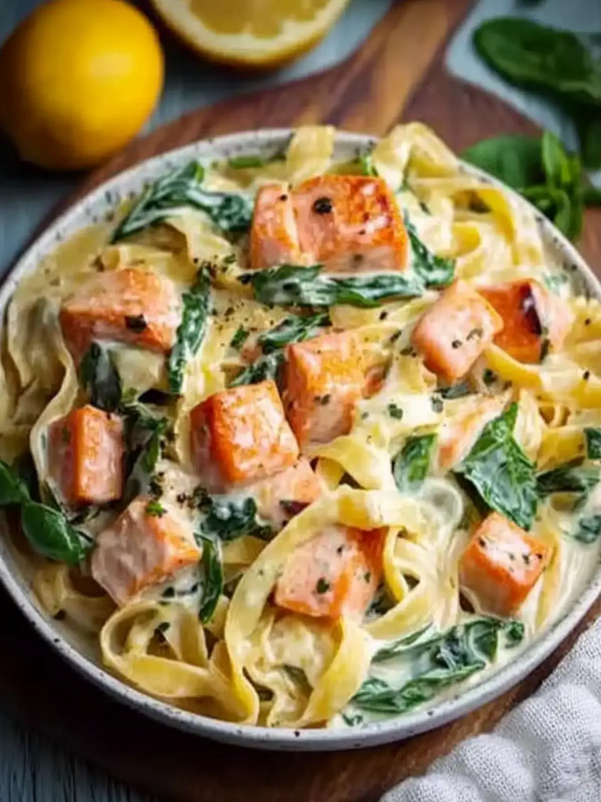 Bandnudeln in cremiger Lachs-Sahne-Soße mit Spinat 5 Bandnudeln in cremiger Lachs-Sahne-Soße mit Spinat