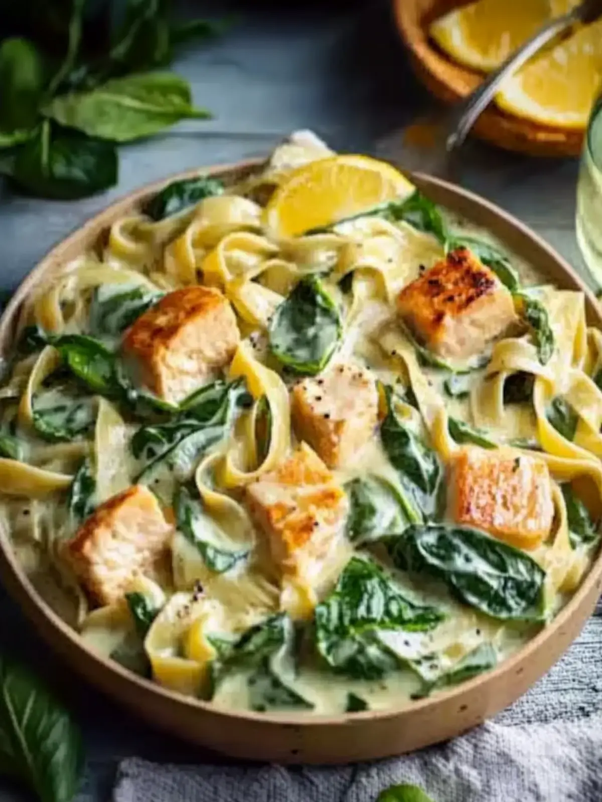 Bandnudeln in cremiger Lachs-Sahne-Soße mit Spinat 2 Bandnudeln in cremiger Lachs-Sahne-Soße mit Spinat