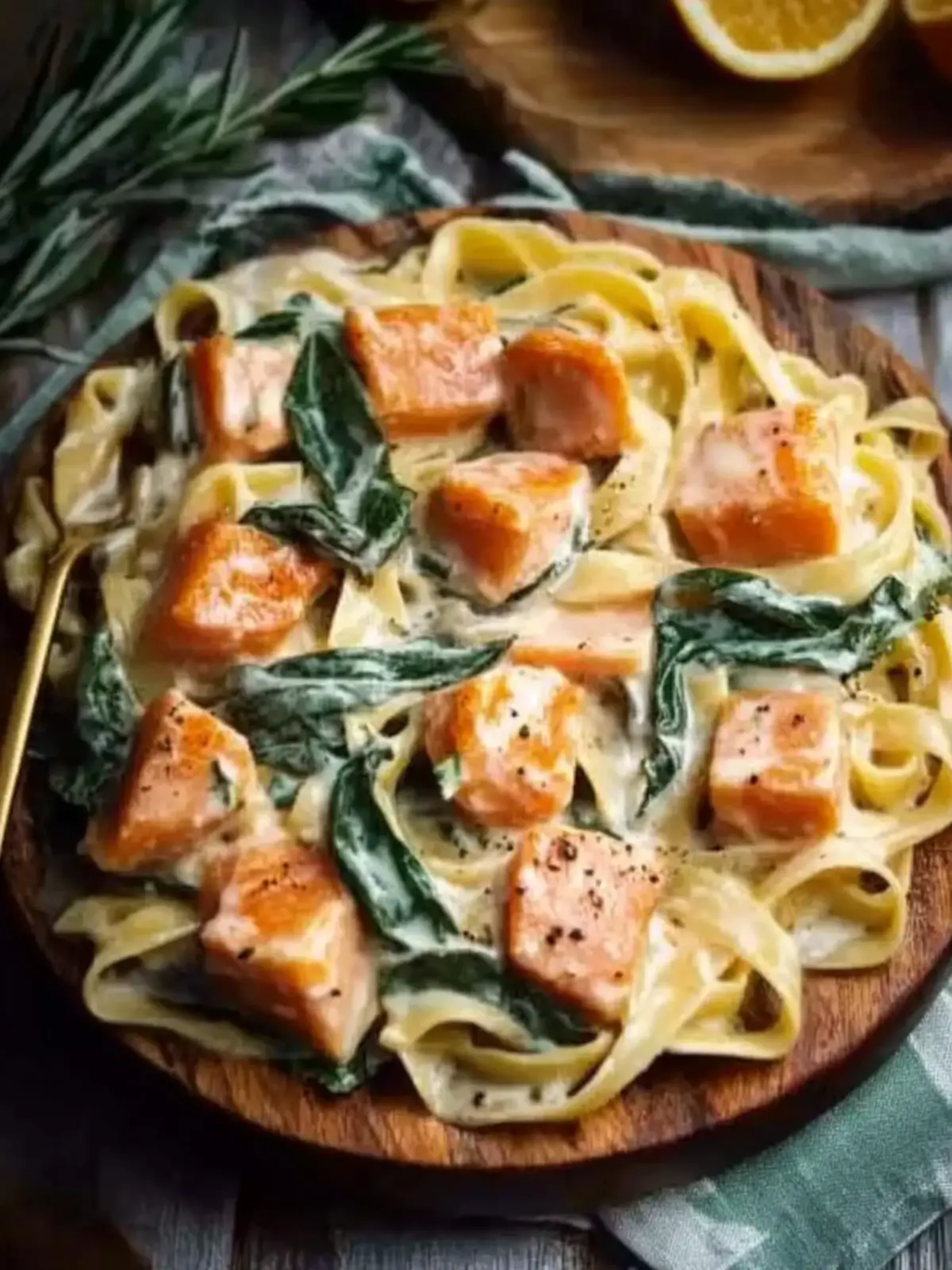 Bandnudeln in cremiger Lachs-Sahne-Soße mit Spinat 3 Bandnudeln in cremiger Lachs-Sahne-Soße mit Spinat