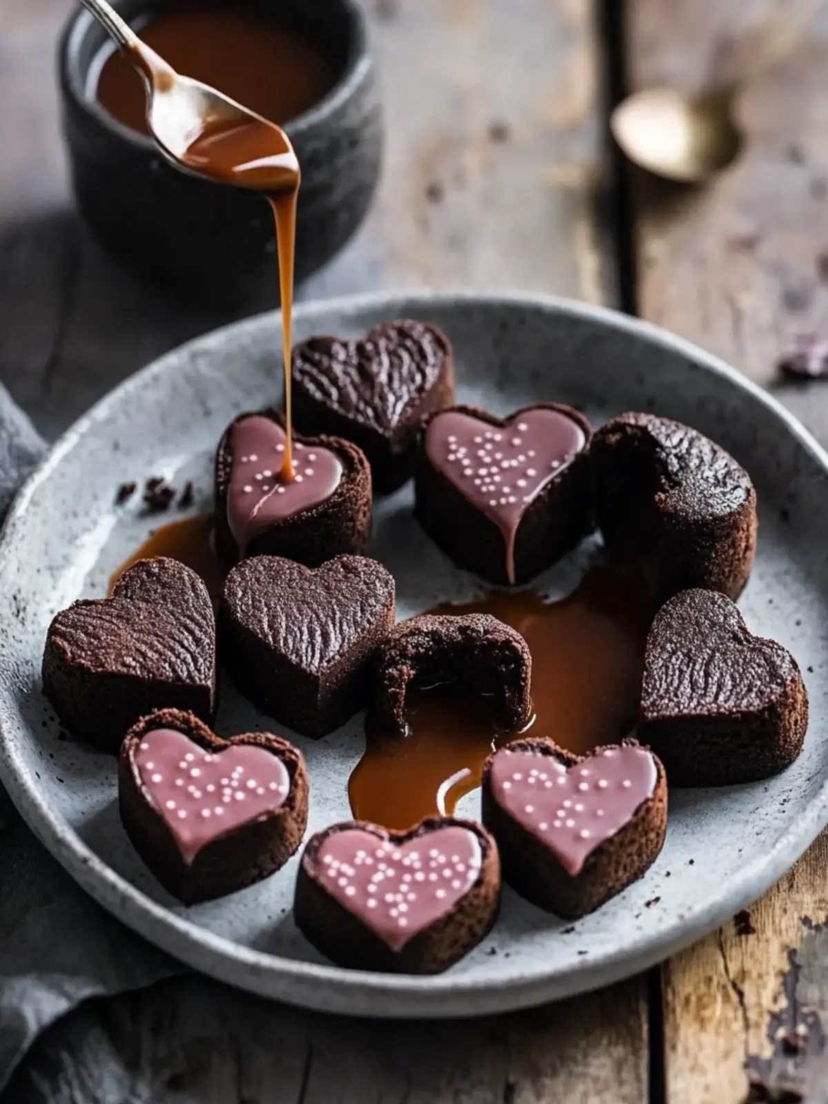 Brownie Karamell Herzen: Saftige Schokoladenherzen mit Karamellkern 4 Brownie Karamell Herzen: Juicy chocolate hearts with liquid caramel core