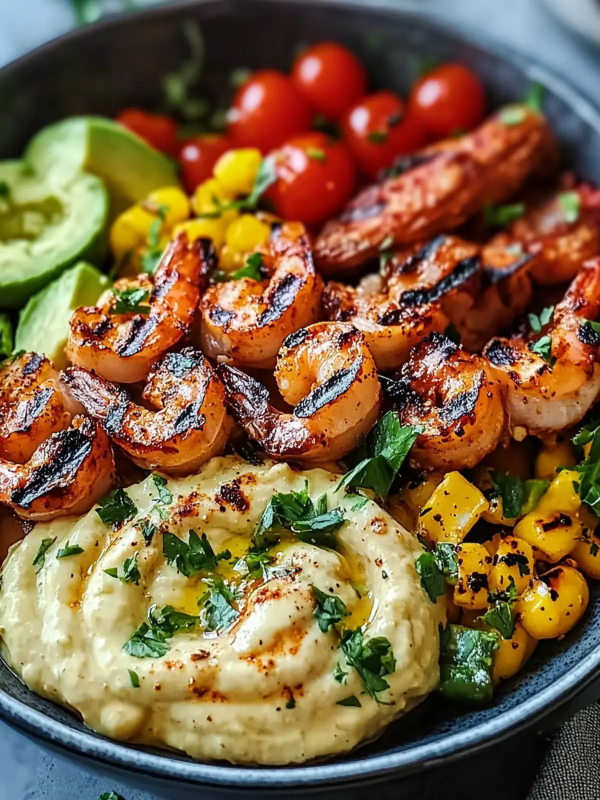 Gegrillte Garnelen-Schüssel mit Avocado und leckerer Sauce 3 Gegrillte Garnelen-Schüssel mit Avocado, Mais-Salsa und cremiger Knoblauchsoße