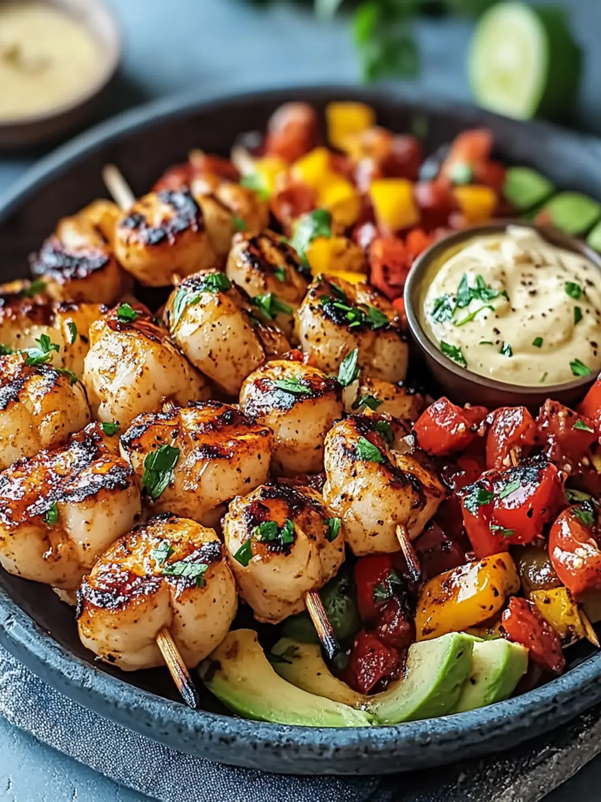 Gegrillte Garnelen-Schüssel mit Avocado und leckerer Sauce 2 Gegrillte Garnelen-Schüssel mit Avocado, Mais-Salsa und cremiger Knoblauchsoße