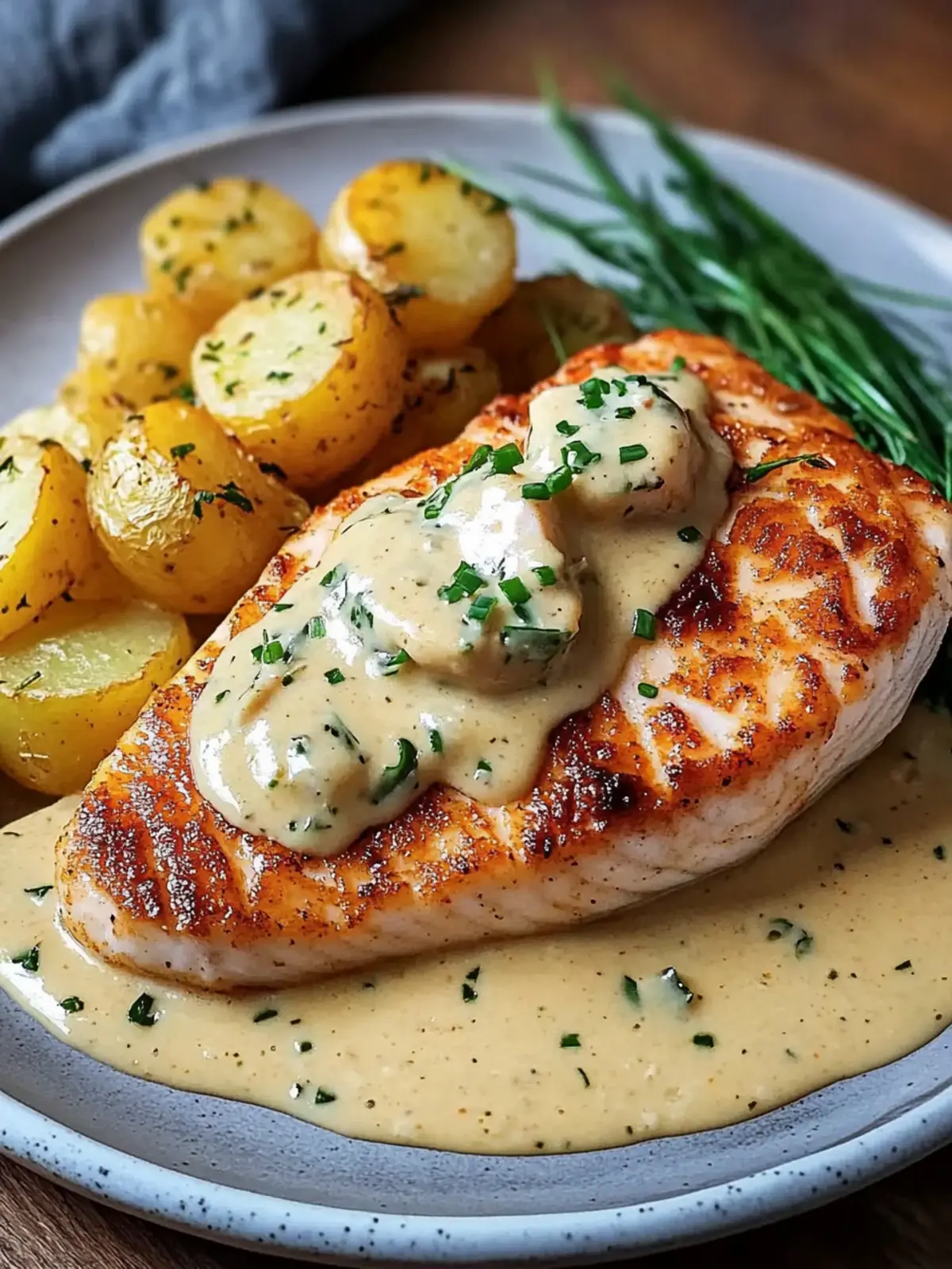 Cajun-Garnelen und Lachs mit cremiger Knoblauch-Sauce genießen 2 Cajun-Garnelen und Lachs mit Knoblauch-Sahnesauce, pürierten Kartoffeln und grünen Bohnen