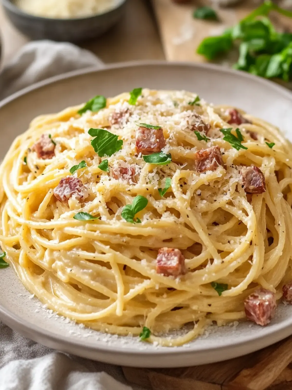 Cremige Spaghetti Carbonara mit Sahne für ein schnelles Dinner 3 Spaghetti Carbonara mit Sahne