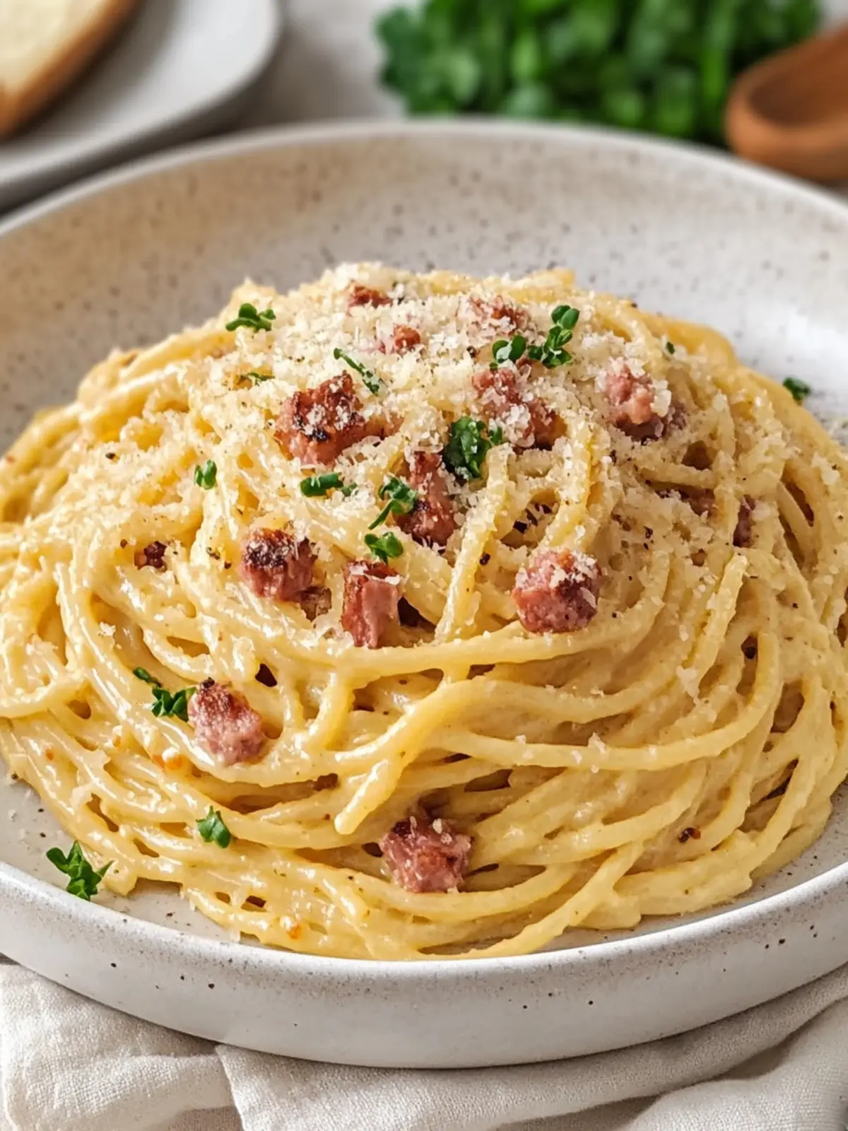 Cremige Spaghetti Carbonara mit Sahne für ein schnelles Dinner 4 Spaghetti Carbonara mit Sahne