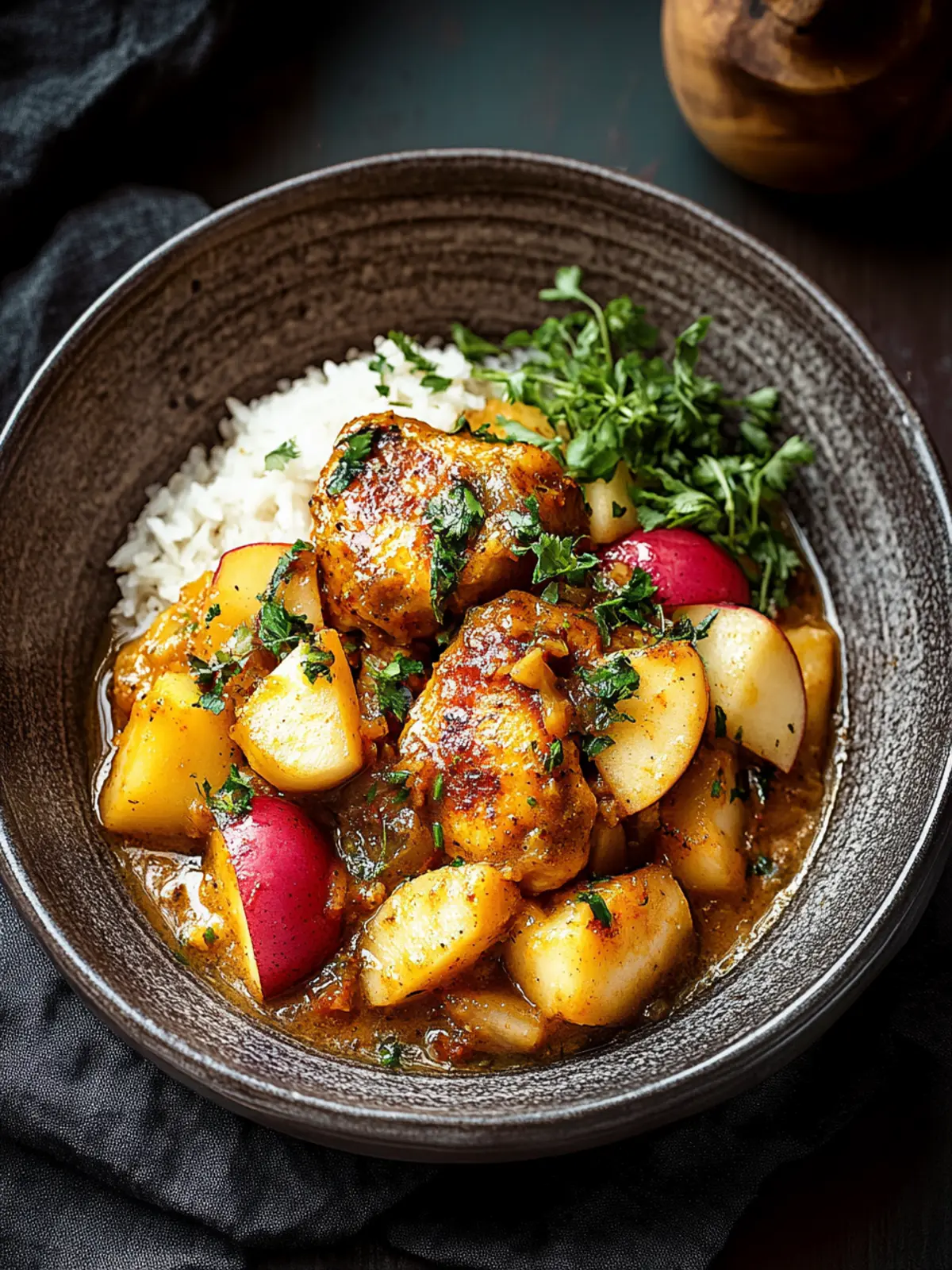Curry gewürzte geröstete Hähnchen mit Apfel-Miso-Sauce
