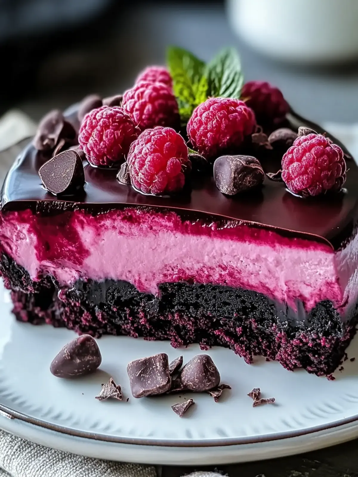 Genießen Sie dekadenten dunklen Schokoladen-Himbeer-Käsekuchen einfach 2 Genießen Sie dekadenten dunklen Schokoladen-Himbeer-Käsekuchen