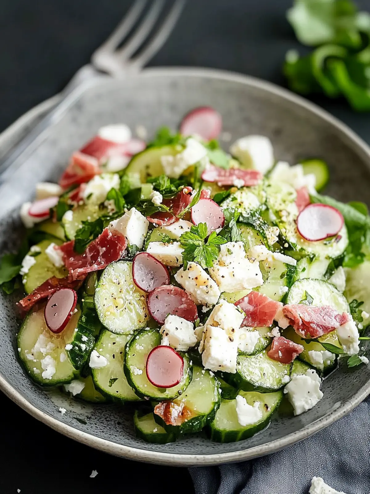 Cremiger Gurkensalat mit Speck und Käse für heiße Tage 4 Cremiger Gurkensalat mit Speck und Käse