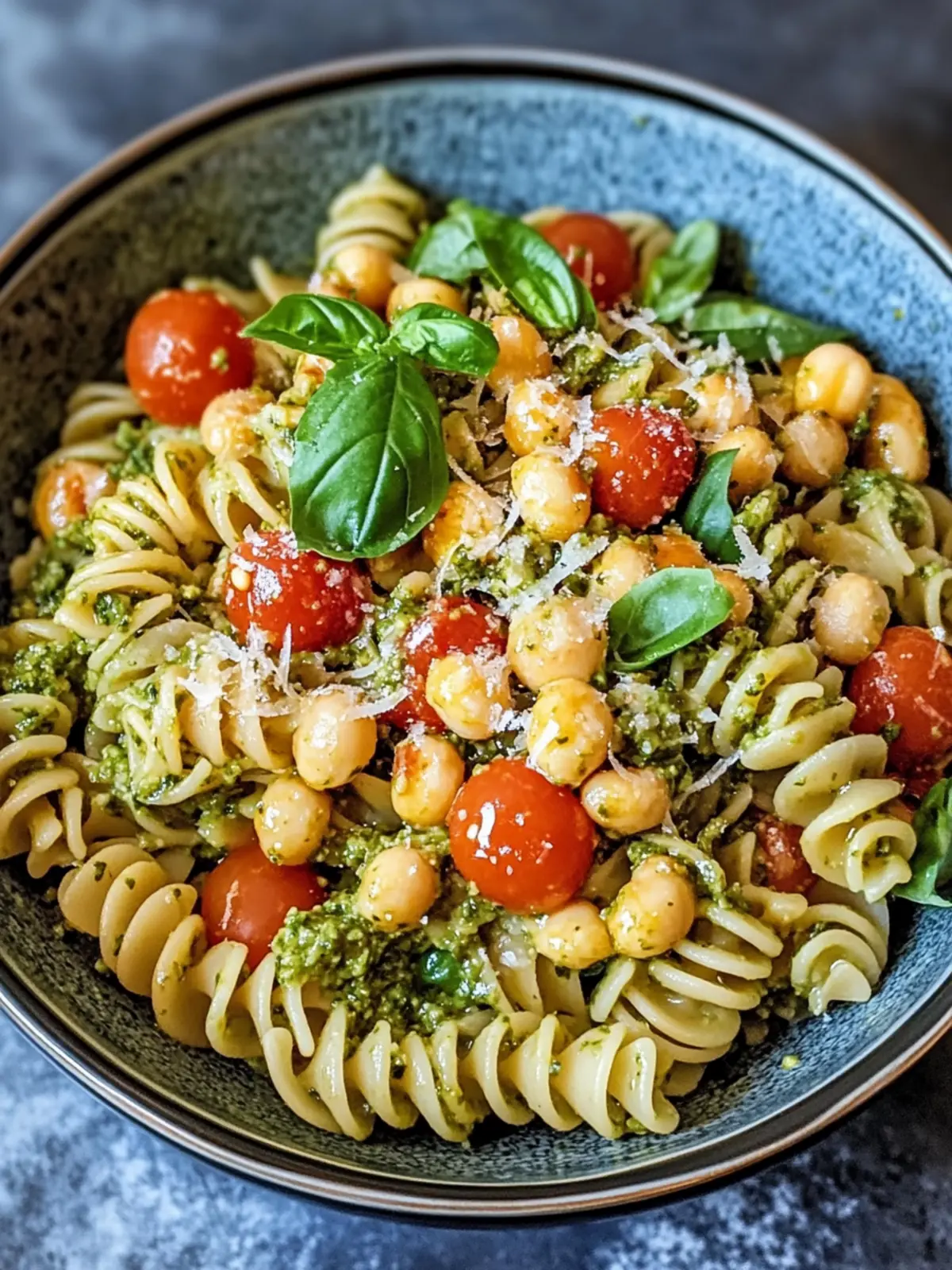 Italienischer Nudel-Salat mit Pesto und Kichererbsen, der erfrischt