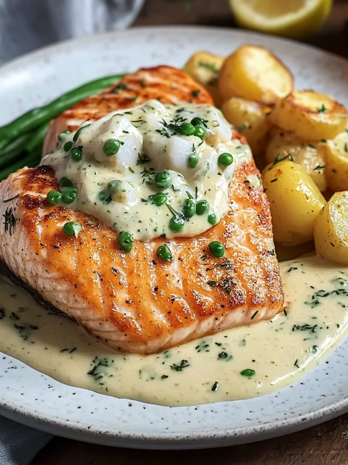 Cajun-Garnelen und Lachs mit cremiger Knoblauch-Sauce genießen 3 Cajun-Garnelen und Lachs mit Knoblauch-Sahnesauce, pürierten Kartoffeln und grünen Bohnen